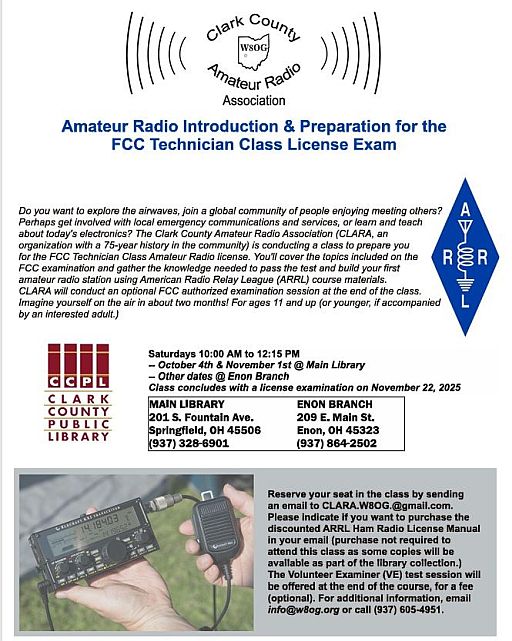 CLARA offers Technician license classes beginning October 4, 2025